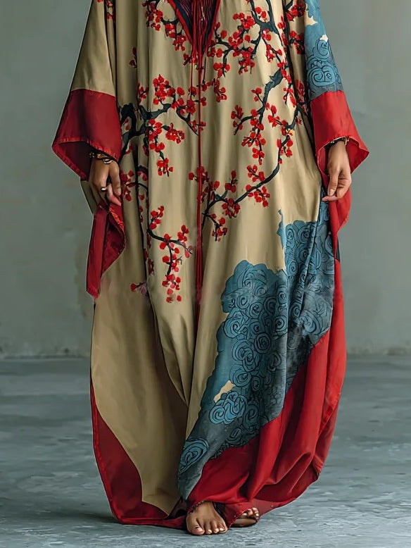 Zaki - Vestido Maxi con Impresión de Flor de Ciruela Roja Japonesa