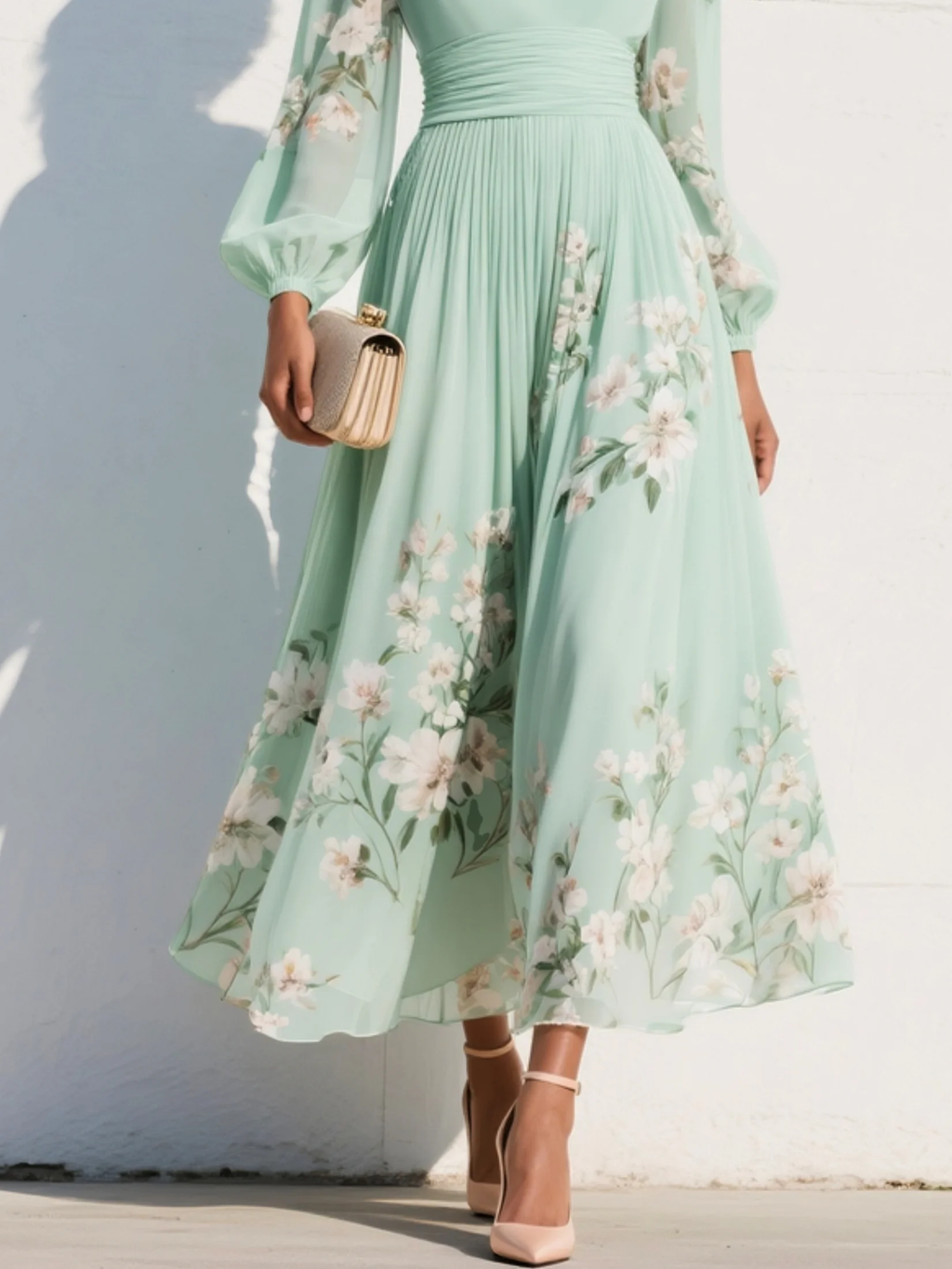 Menta - Vestido Maxi Plisado en Chiffon Verde Menta con Estampado Floral para Mujer
