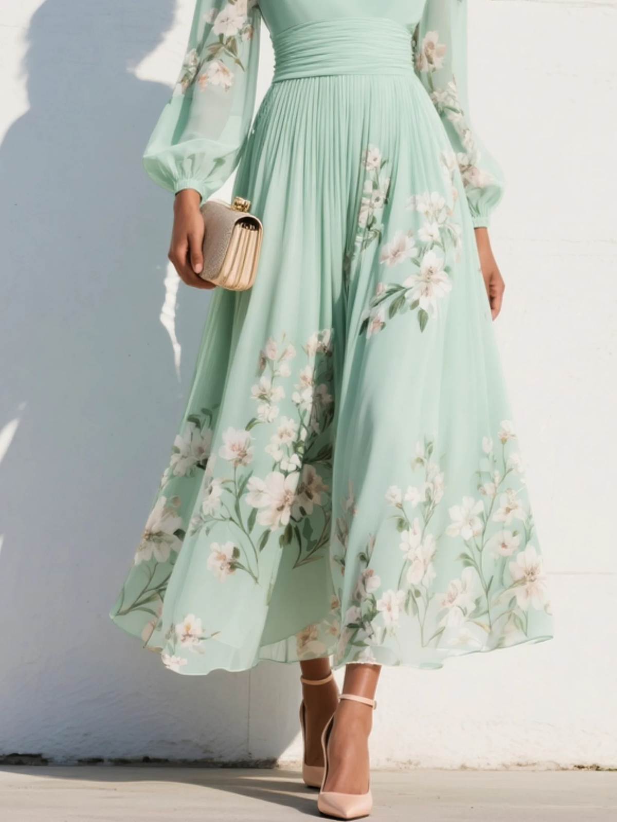 Menta - Vestido Maxi Plisado en Chiffon Verde Menta con Estampado Floral para Mujer