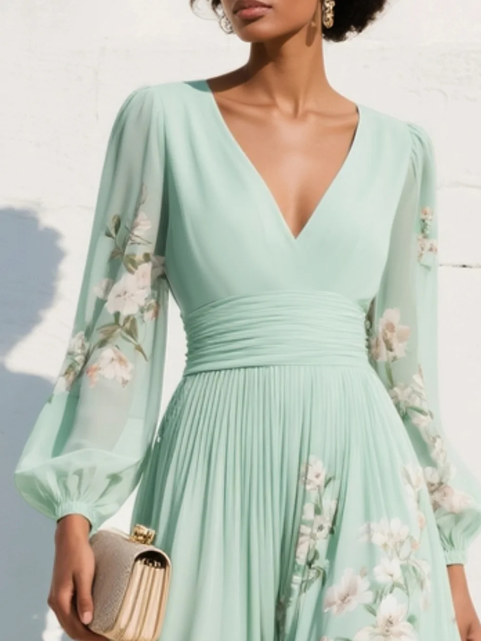 Menta - Vestido Maxi Plisado en Chiffon Verde Menta con Estampado Floral para Mujer