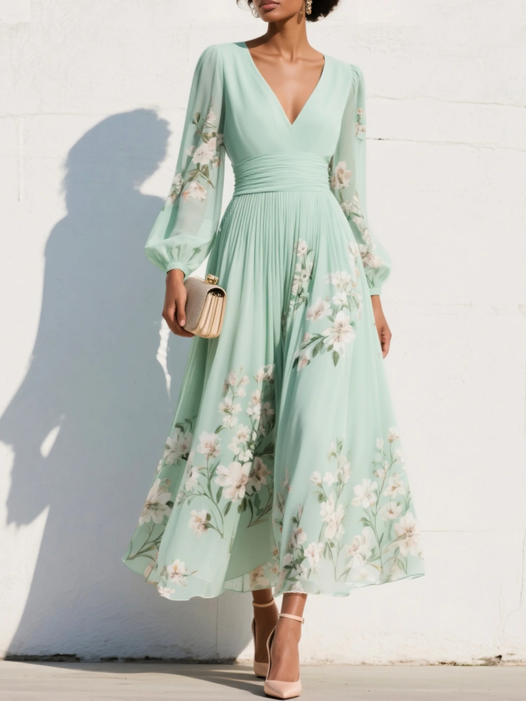 Menta - Vestido Maxi Plisado en Chiffon Verde Menta con Estampado Floral para Mujer