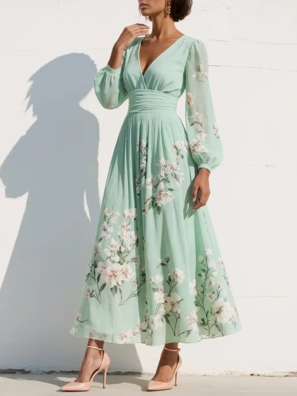 Menta - Vestido Maxi Plisado en Chiffon Verde Menta con Estampado Floral para Mujer