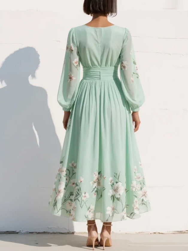 Menta - Vestido Maxi Plisado en Chiffon Verde Menta con Estampado Floral para Mujer