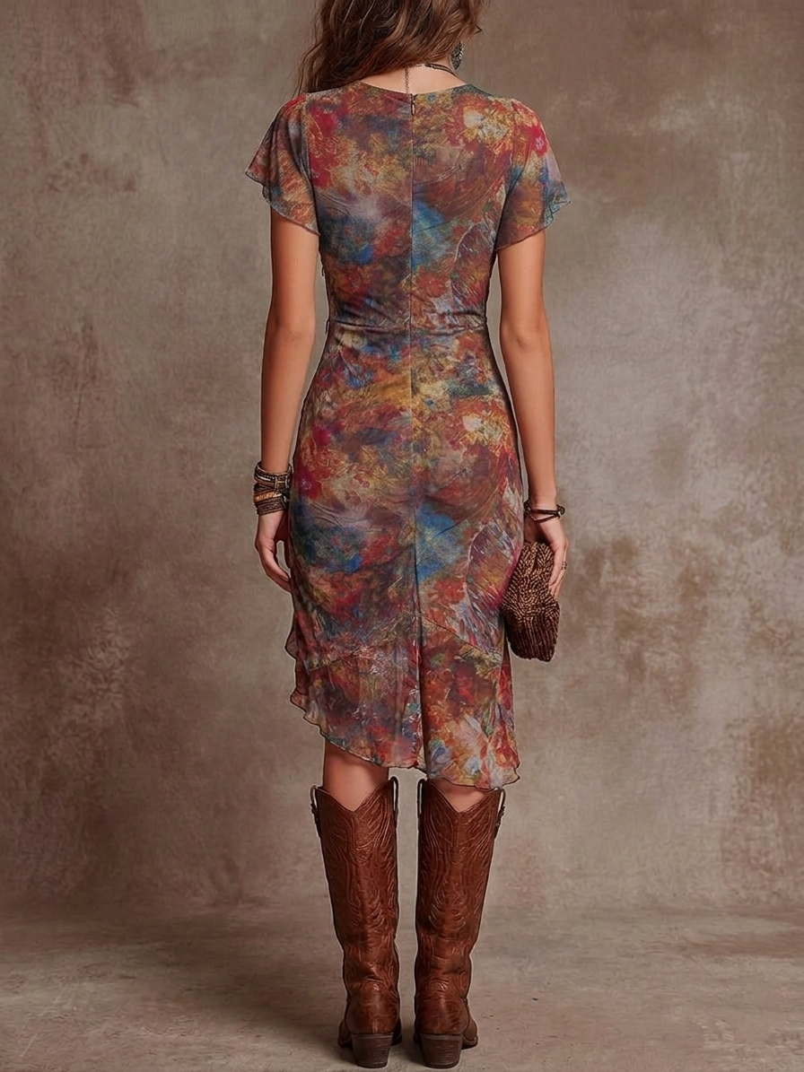 Martina | Vestido midi plisado con escote en V, estampado de arte abstracto en estilo bohemio para Mujer