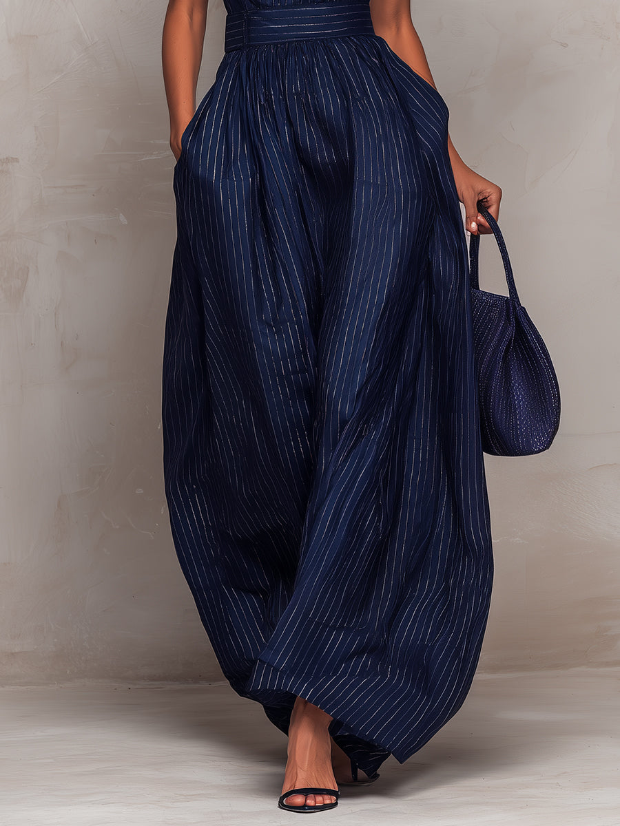 Olga - Mono de pierna ancha con escote en forma de ojo de cerradura de rayas azul oscuro para Mujer