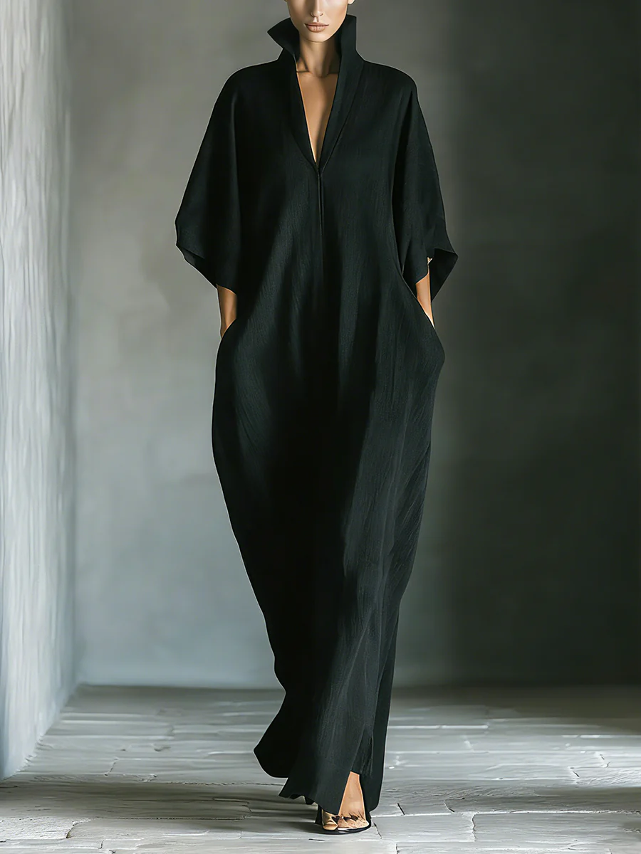 Caro - Vestido Maxi Negro Minimalista con Mangas de Kimono para Mujer