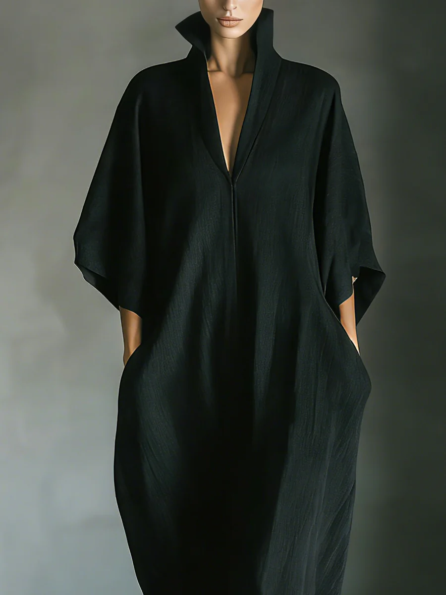 Caro - Vestido Maxi Negro Minimalista con Mangas de Kimono para Mujer