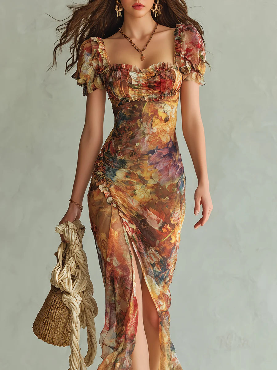 Seraphine | Vestido maxi con estampado pictórico floral y falda fluida para Mujer