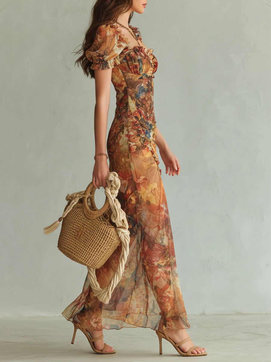 Seraphine | Vestido maxi con estampado pictórico floral y falda fluida para Mujer
