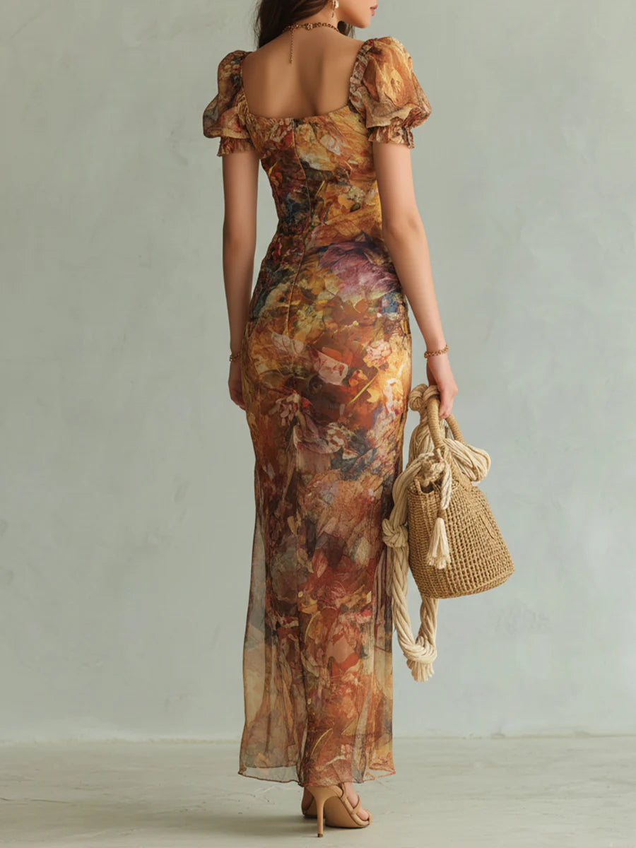 Seraphine | Vestido maxi con estampado pictórico floral y falda fluida para Mujer