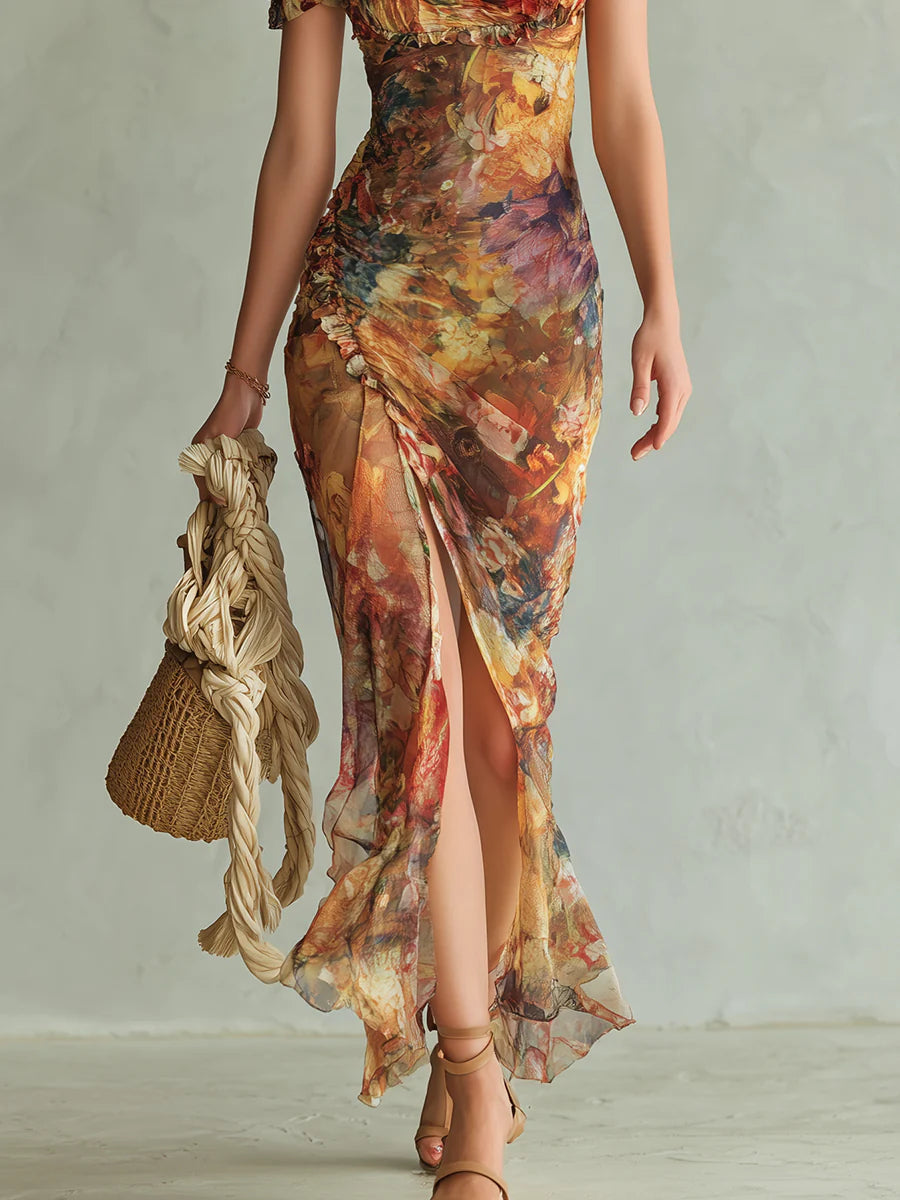 Seraphine | Vestido maxi con estampado pictórico floral y falda fluida para Mujer