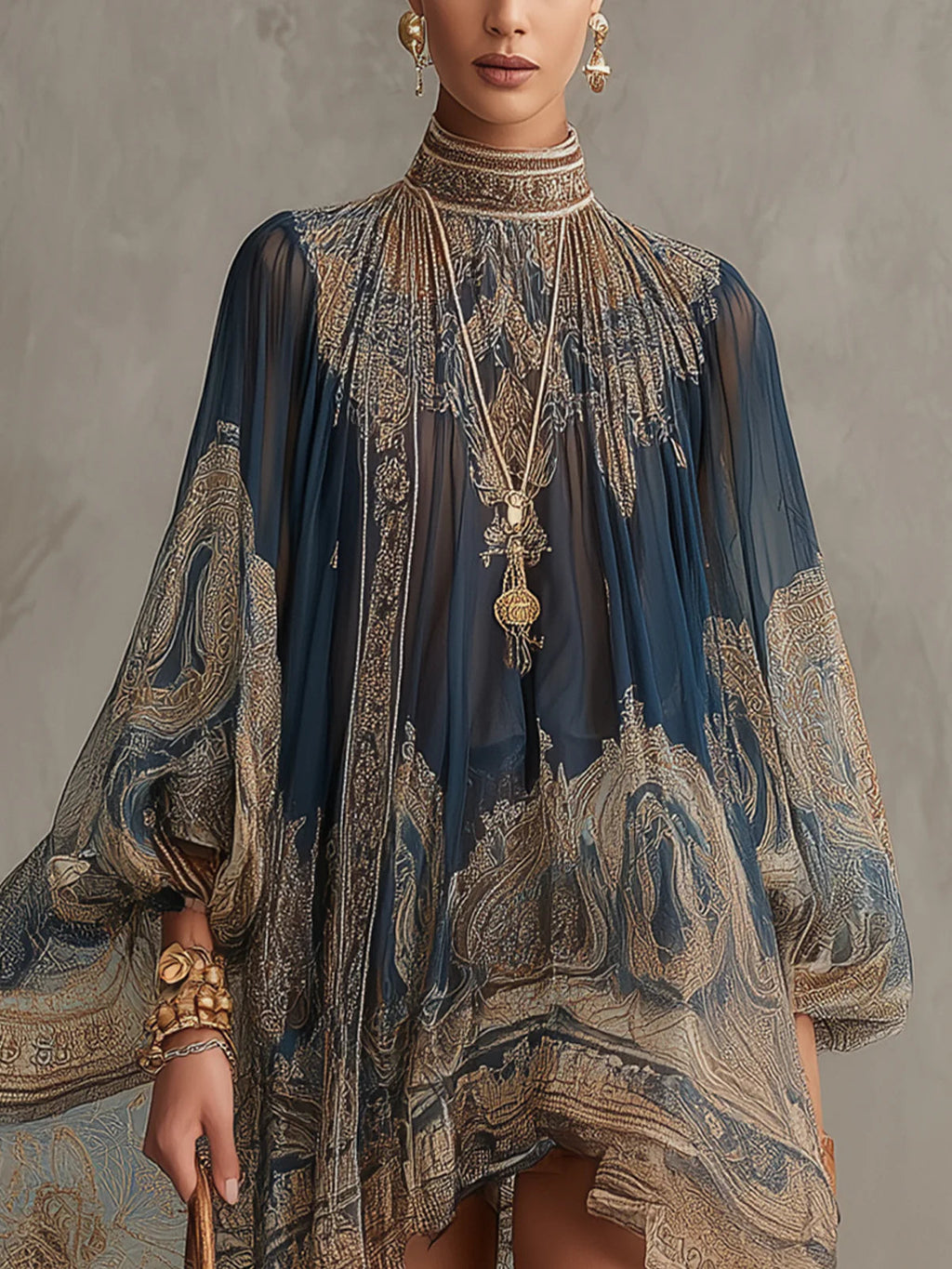 Marianna | Mini vestido de chiffon azul marino con estampado barroco dorado para Mujer