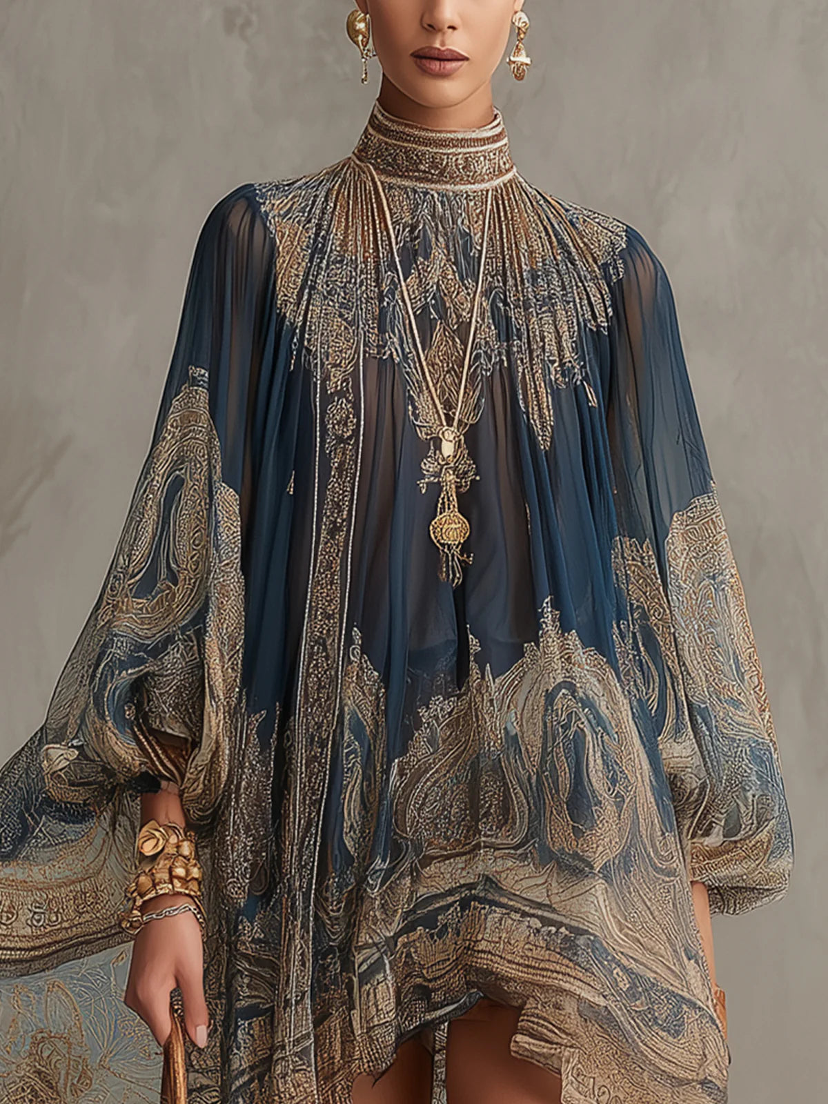 Marianna | Mini vestido de chiffon azul marino con estampado barroco dorado para Mujer