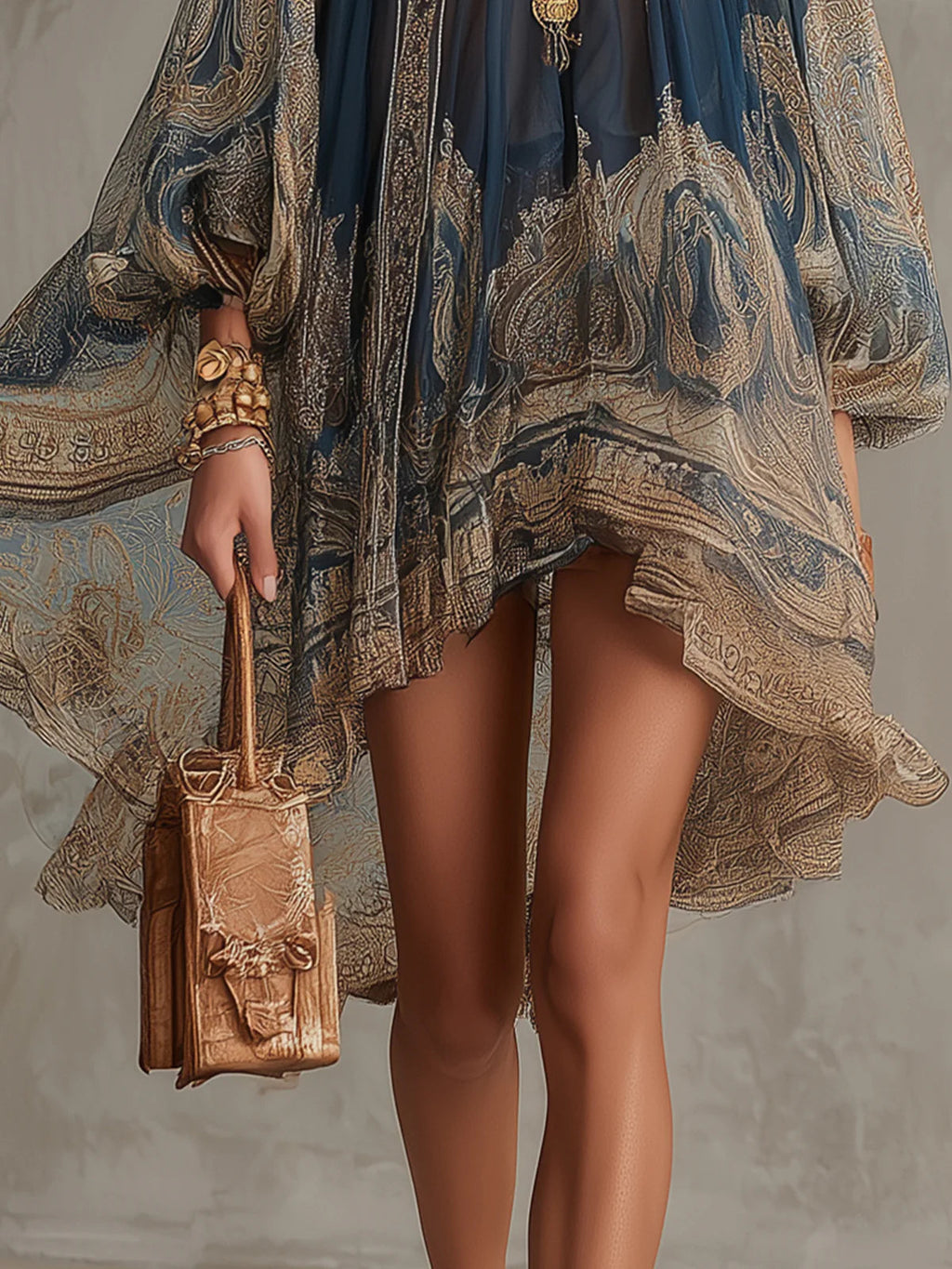 Marianna | Mini vestido de chiffon azul marino con estampado barroco dorado para Mujer