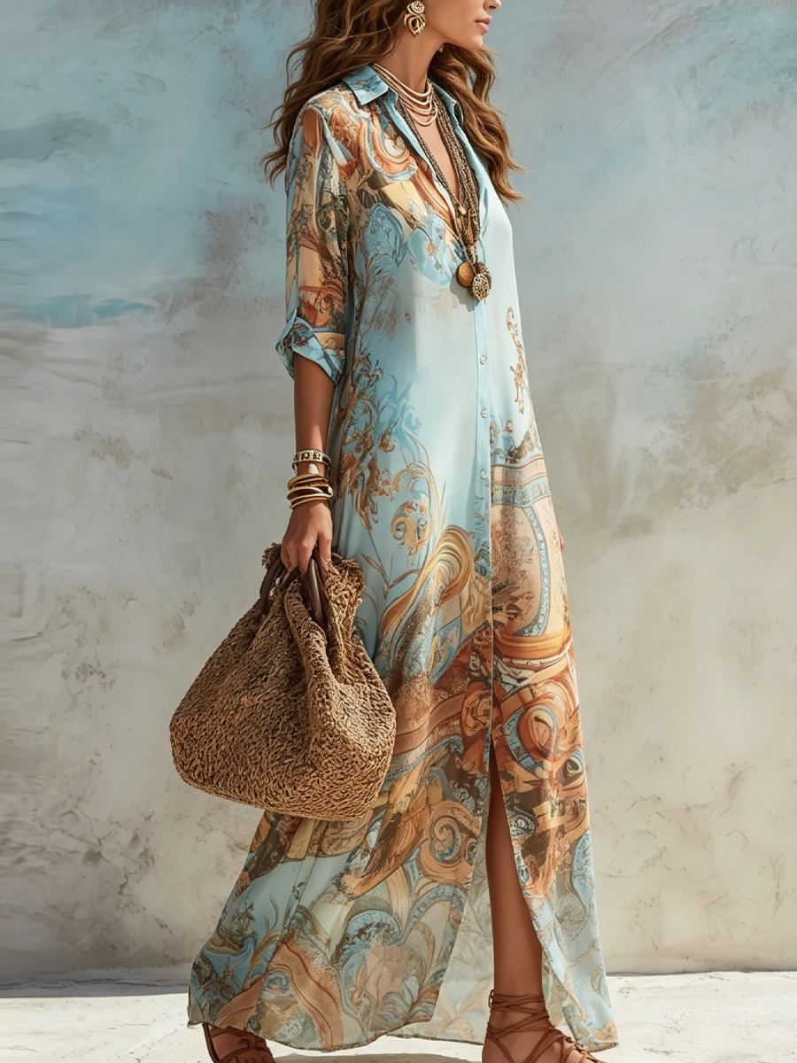 Luisa | Vestido maxi chemisier mediterráneo para Mujer
