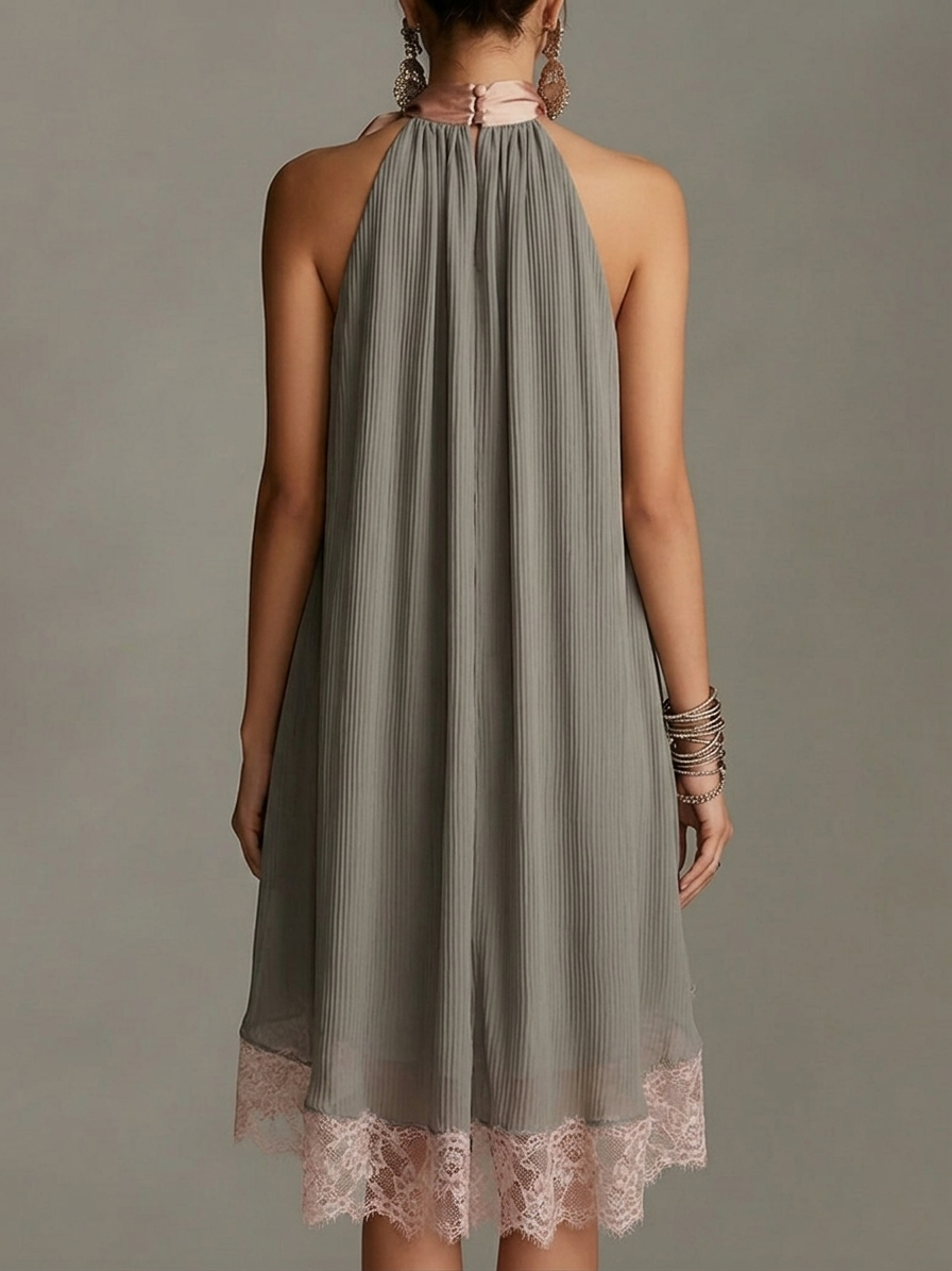 Beatrice | Mini vestido gris de satén con lazo rosa y encaje para Mujer