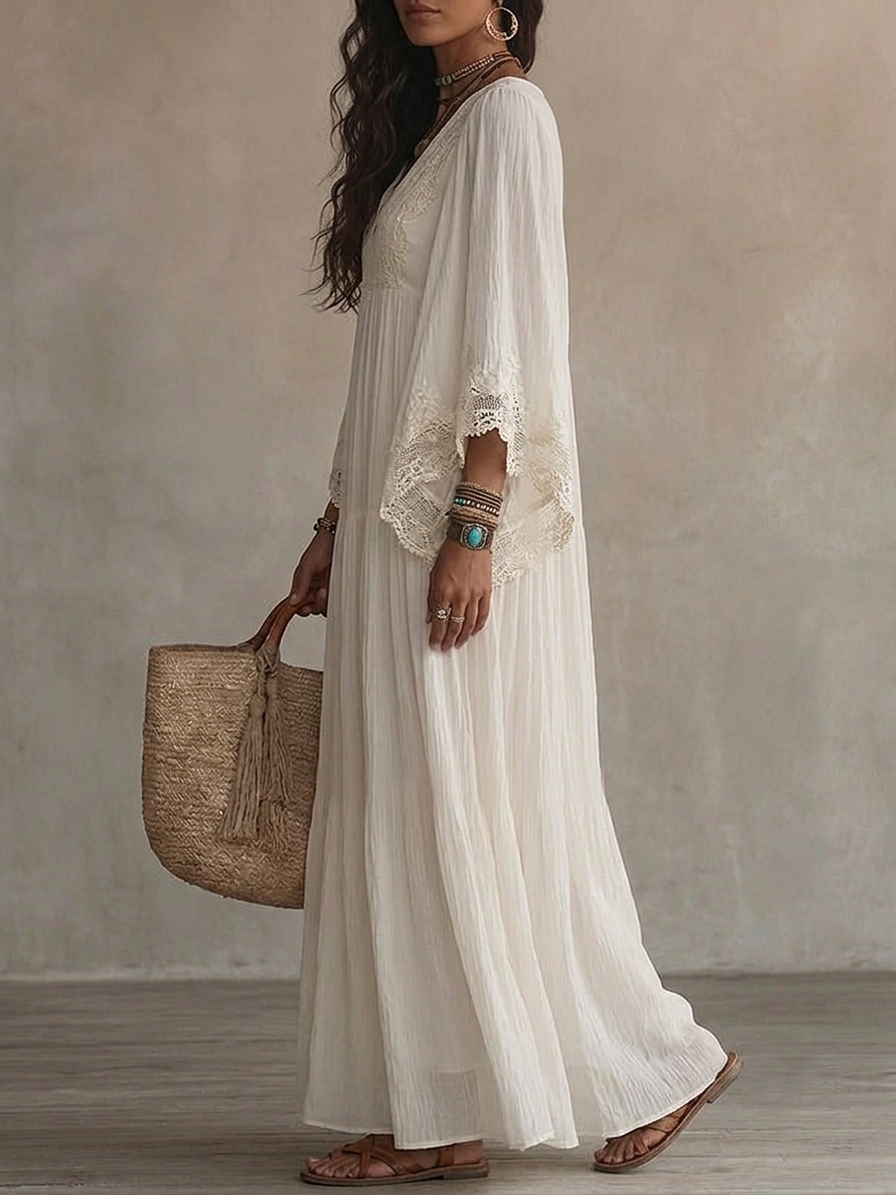 Indara | Vestido largo de blanco con escote en V para Mujer