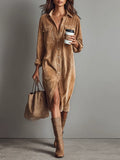 Margriet | Vestido Midi de Terciopelo Acanalado con Bolsillos y Botonadura Simple para Mujer