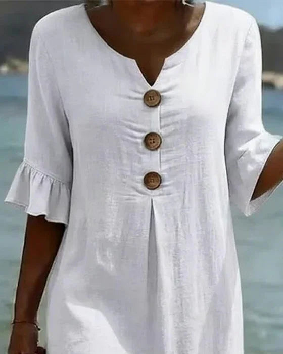 Vanesa | Vestido con textura de lino con manga abullonada y botones para Mujer