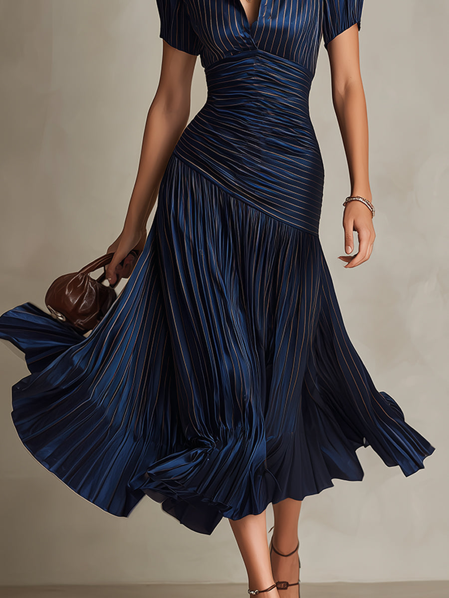 Adriana | Vestido midi satinado de rayas retro para Mujer