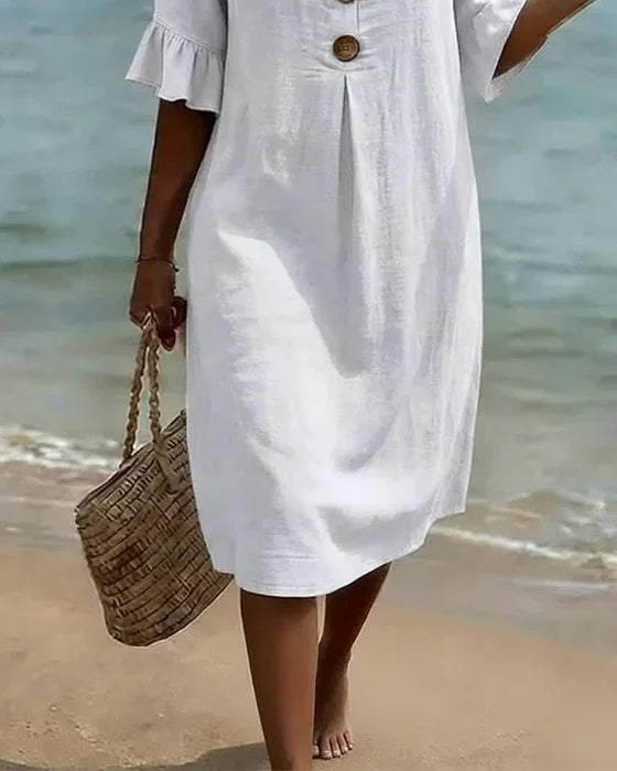 Vanesa | Vestido con textura de lino con manga abullonada y botones para Mujer
