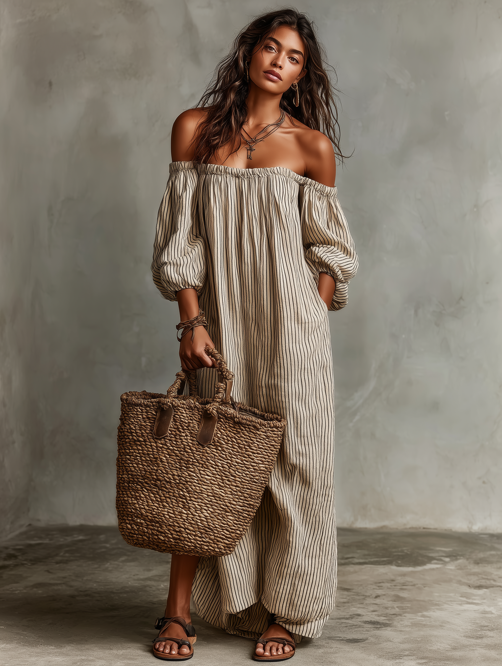 Carmen | Vestido largo de algodón y lino con hombros descubiertos para Mujer