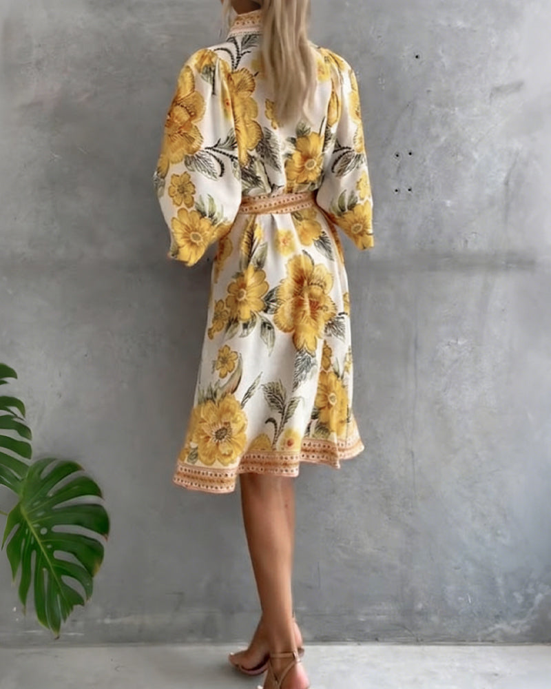 Rosalva - Vestido de Manga Lámpara con Cuello Fruncido Impreso para Mujer