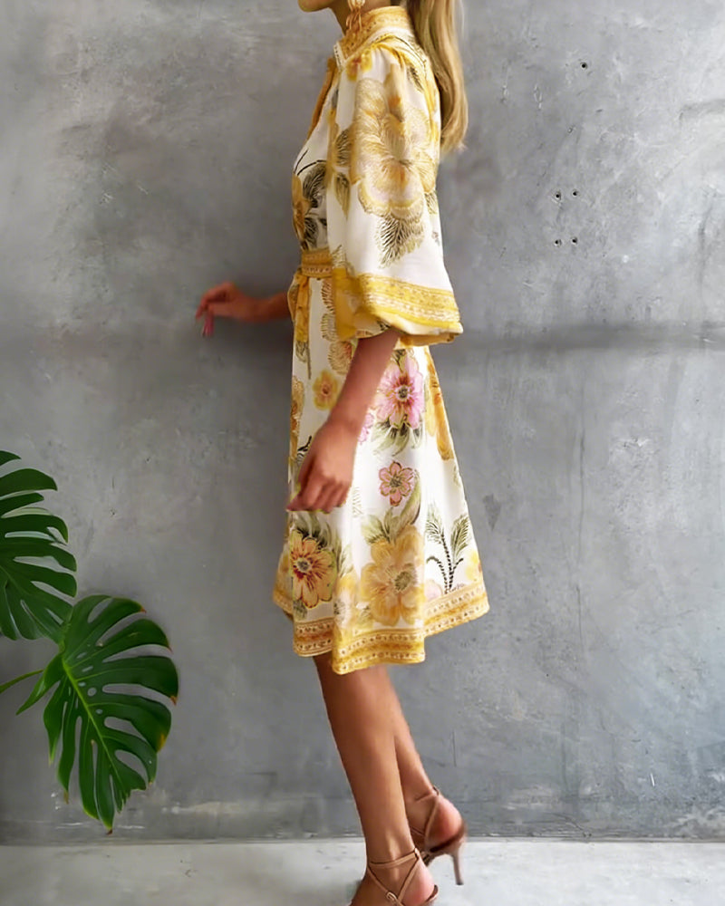 Rosalva - Vestido de Manga Lámpara con Cuello Fruncido Impreso para Mujer