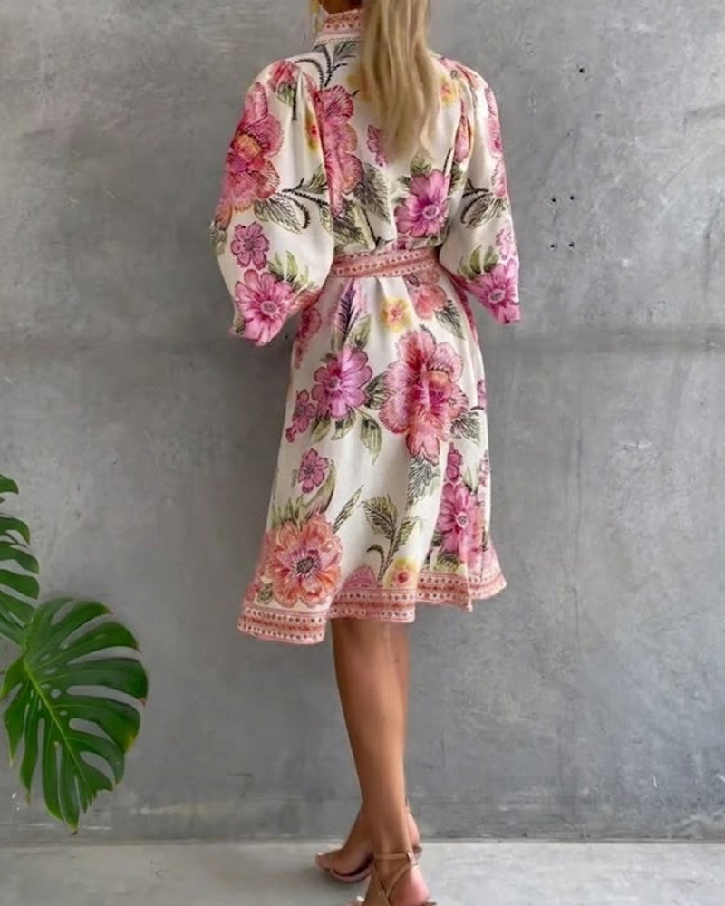 Rosalva - Vestido de Manga Lámpara con Cuello Fruncido Impreso para Mujer