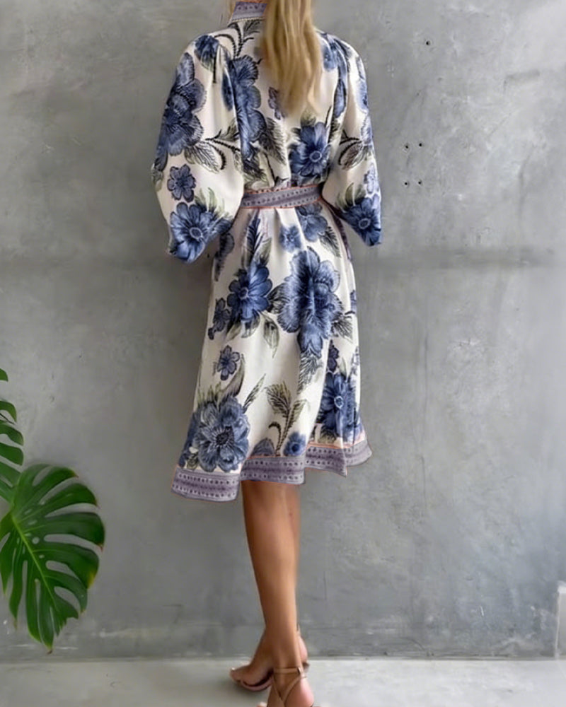 Rosalva - Vestido de Manga Lámpara con Cuello Fruncido Impreso para Mujer
