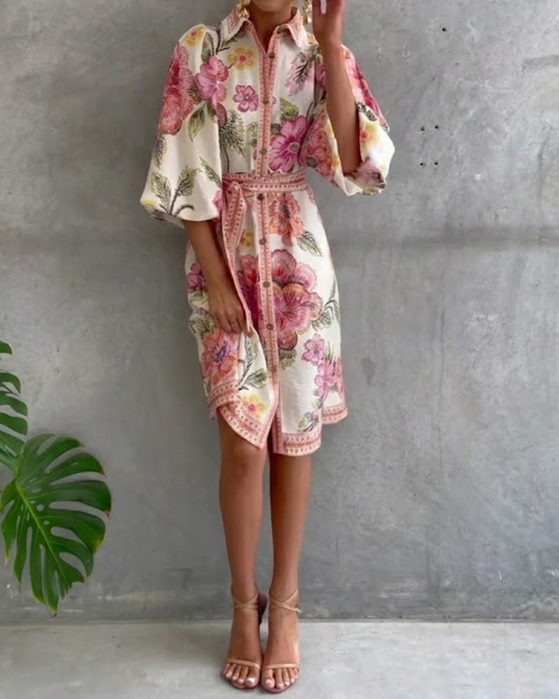 Rosalva - Vestido de Manga Lámpara con Cuello Fruncido Impreso para Mujer