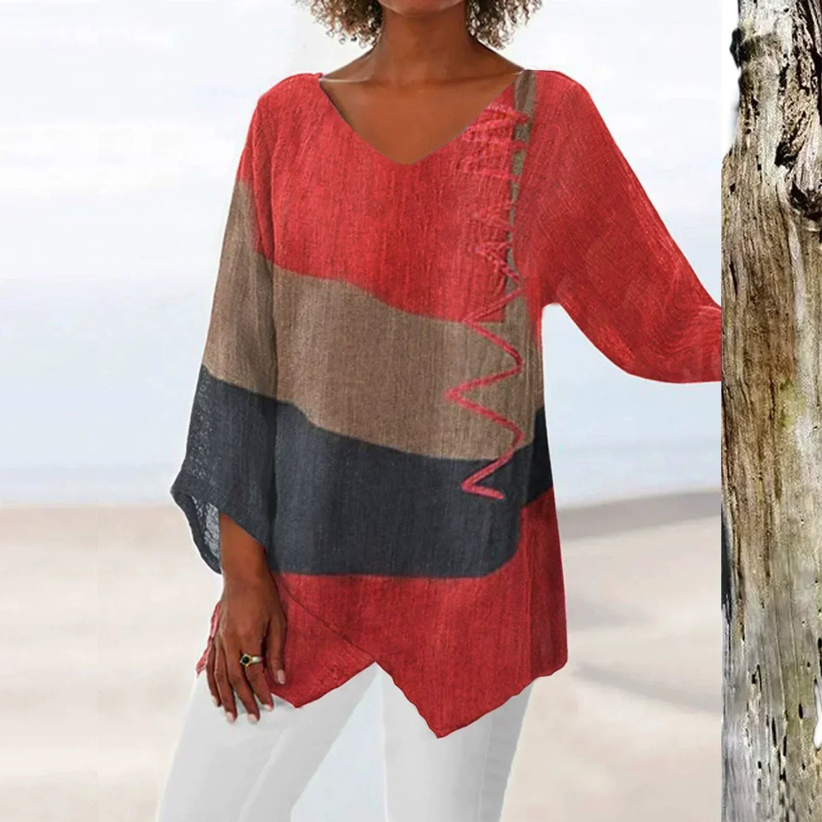 Helene | Elegante top con cuello en V y bloques de color