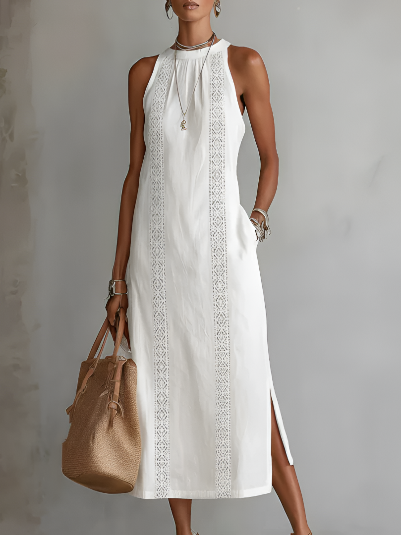 Jimena | Vestido midi de lino con cuello mao para Mujer