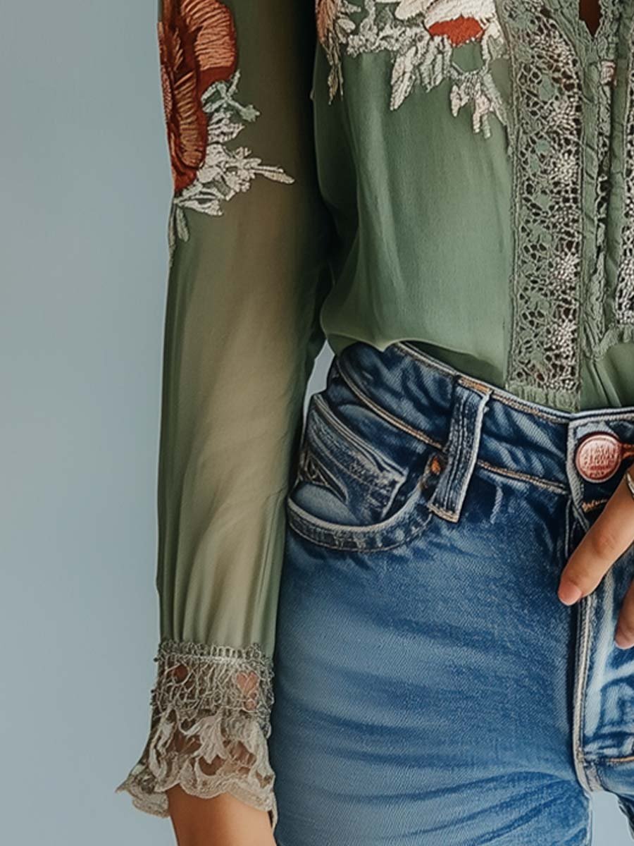 Rocío · Blusa floral bohemia con encaje para Mujer