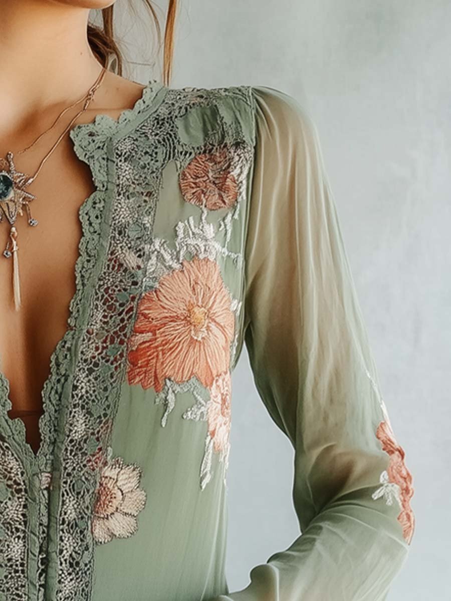 Rocío · Blusa floral bohemia con encaje para Mujer