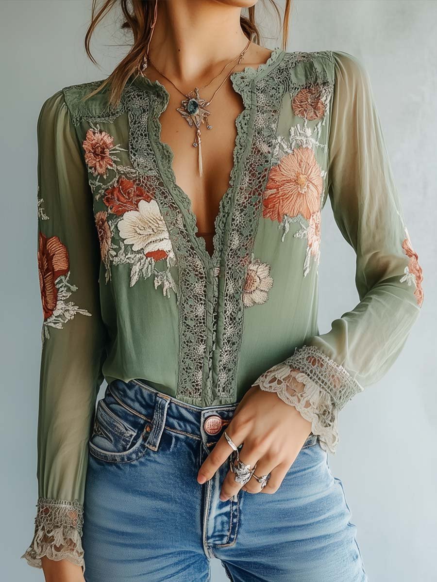 Rocío · Blusa floral bohemia con encaje para Mujer