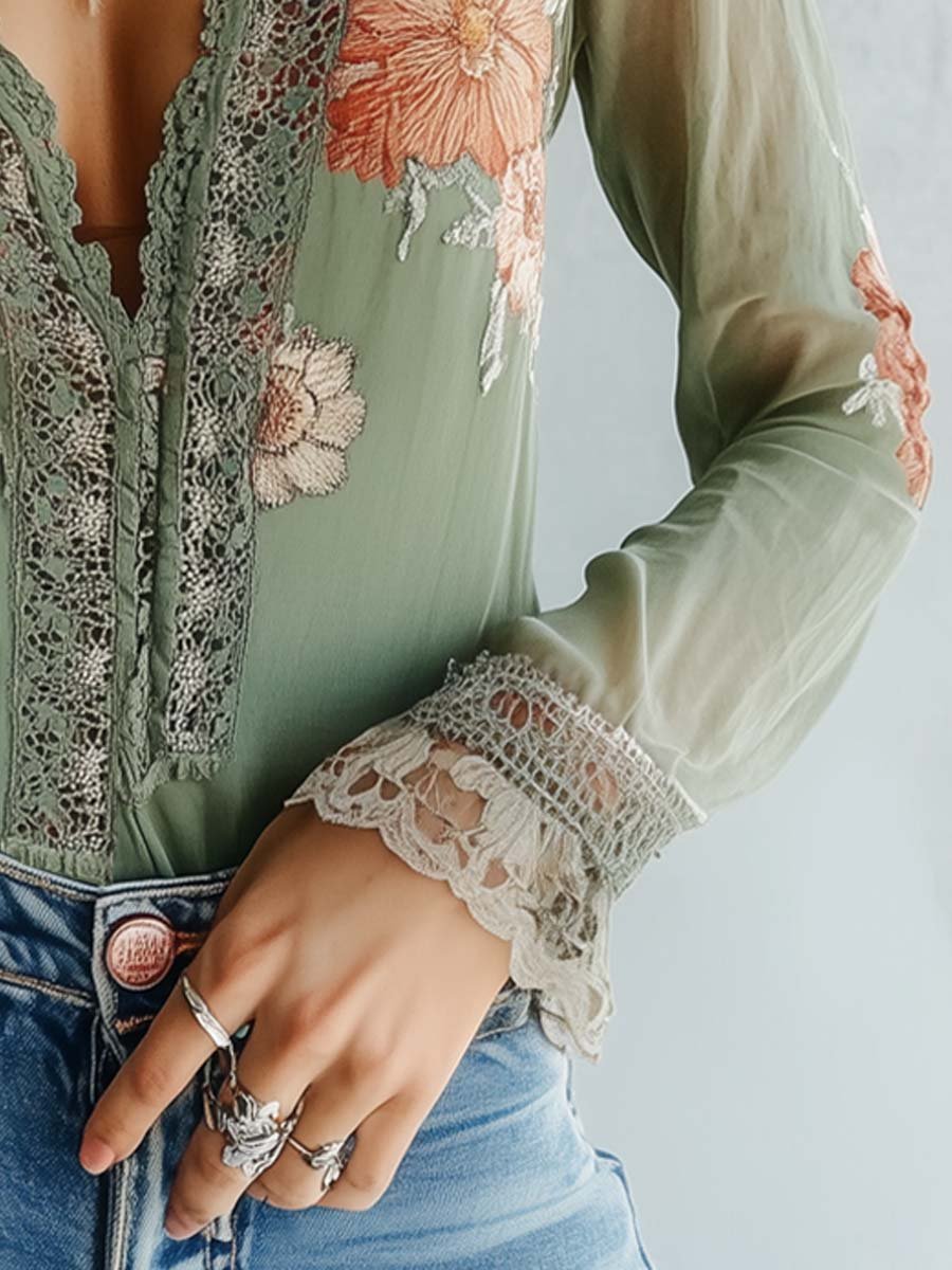 Rocío · Blusa floral bohemia con encaje para Mujer