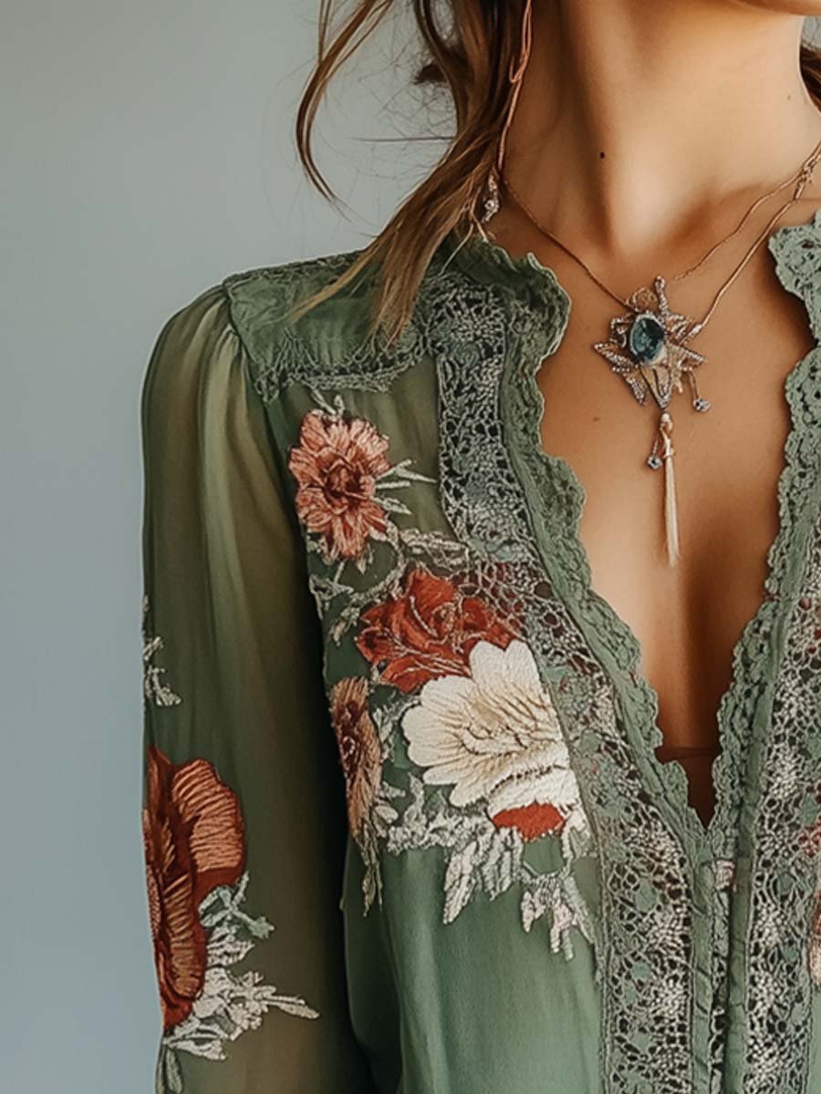 Rocío · Blusa floral bohemia con encaje para Mujer