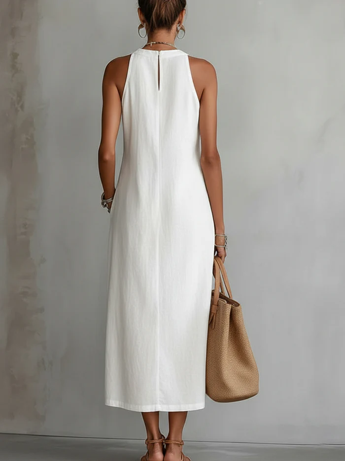 Jimena | Vestido midi de lino con cuello mao para Mujer