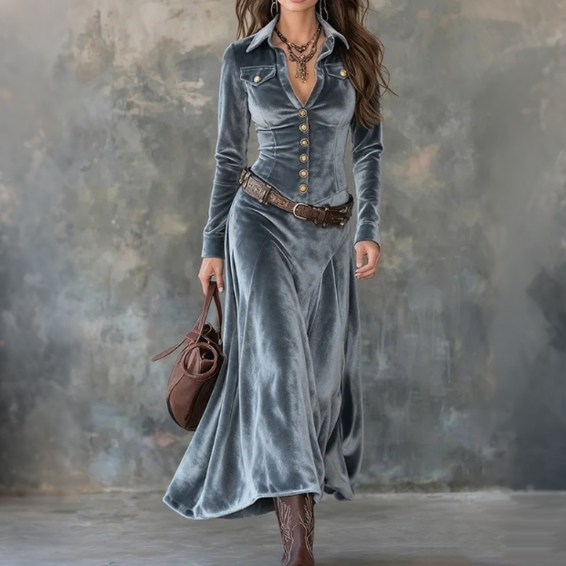 Naria | Vestido maxi de terciopelo para damas con mangas largas
