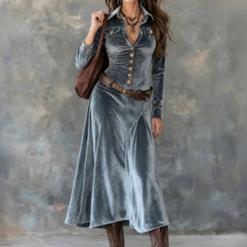 Naria | Vestido maxi de terciopelo para damas con mangas largas