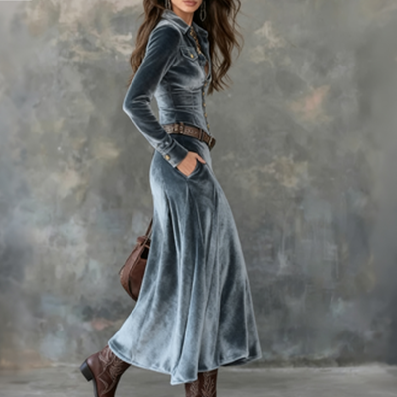 Naria | Vestido maxi de terciopelo para damas con mangas largas