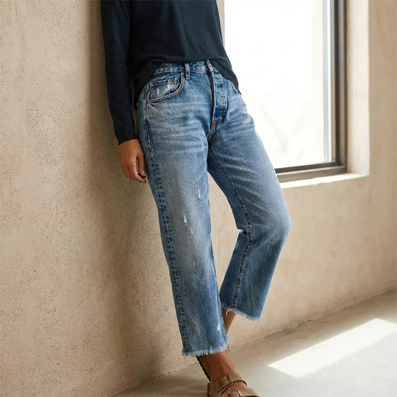 Dina - Pantalones vaqueros rectos cortos retro para mujer
