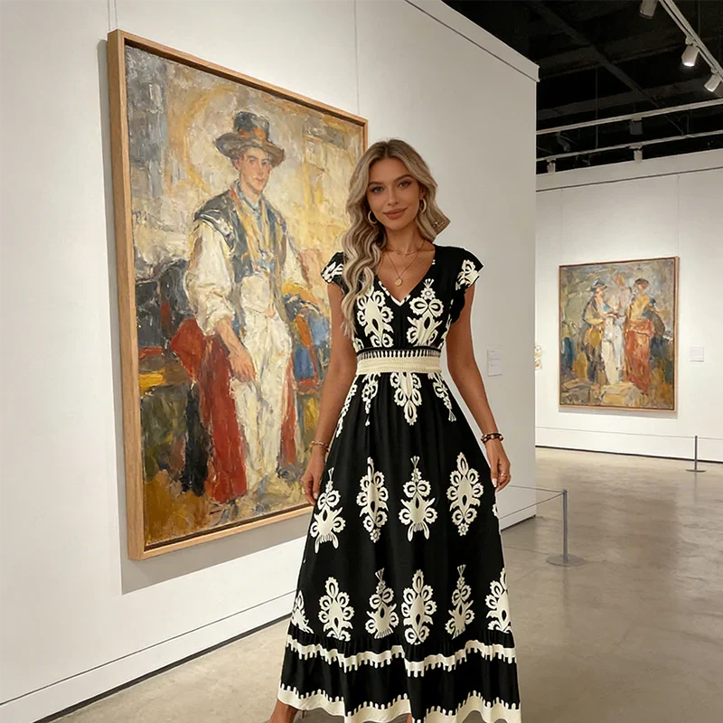 Candela - Vestido maxi barroco con escote en V para Mujer