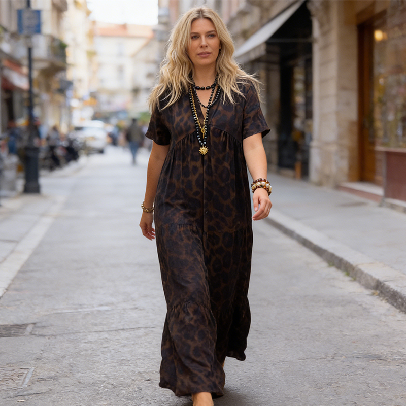 Sonnia - Vestido largo con escote en V y estampado de leopardo para mujer