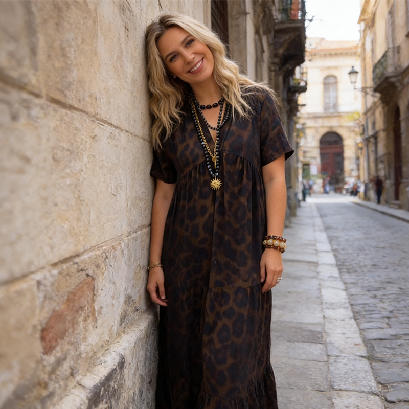 Sonnia - Vestido largo con escote en V y estampado de leopardo para mujer