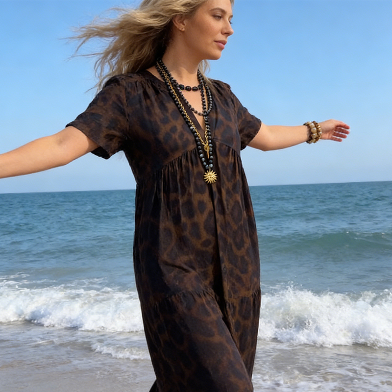 Sonnia - Vestido largo con escote en V y estampado de leopardo para mujer